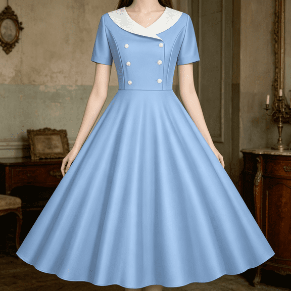 LJEFF Girls Vintage Solid Swing Dress, Pleated Collar A-Line Short Sleeve Kids Casual Party Dress Blue Size 6 Years