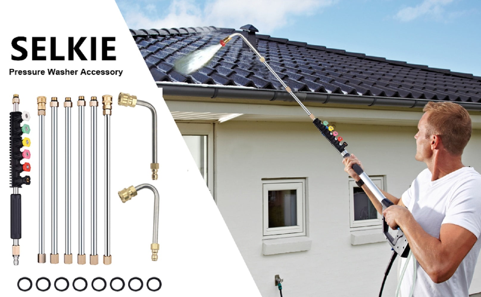 Beiled 4000 PSI Pressure Washer Wand, 10pcs Set w/6 Nozzle Tips (30°/90°/120°), 1/4" Quick Connect, Curved Rod for Roof/Gutter/Wall Cleaning
