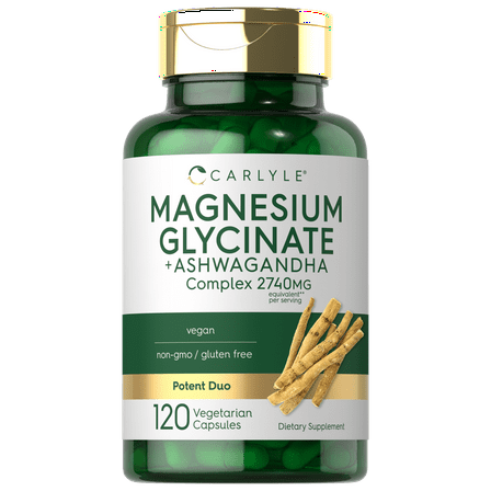 Magnesium Glycinate with Ashwagandha | 2,740mg Complex | 120 Vegetarian Capsules | by Carlyle