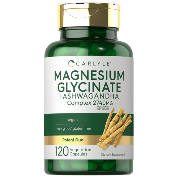 Magnesium Glycinate with Ashwagandha | 2,740mg Complex | 120 Vegetarian Capsules | by Carlyle