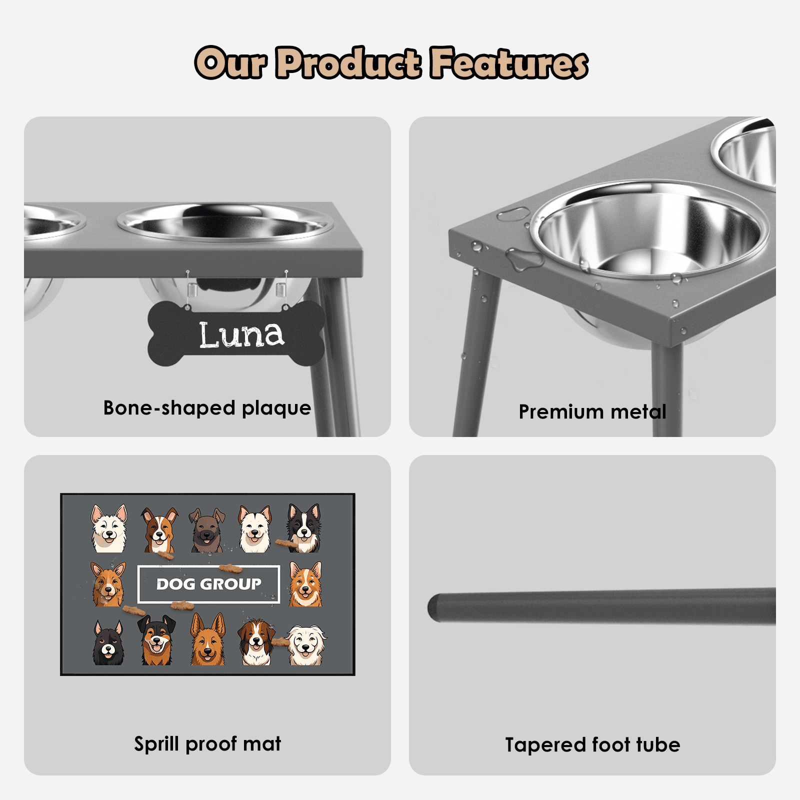 SHAINFUN Raised Dog Bowl Stand, 10" Tall  Stronger Dog Feeder with 16*24 in Mat and 2 58oz Bowls