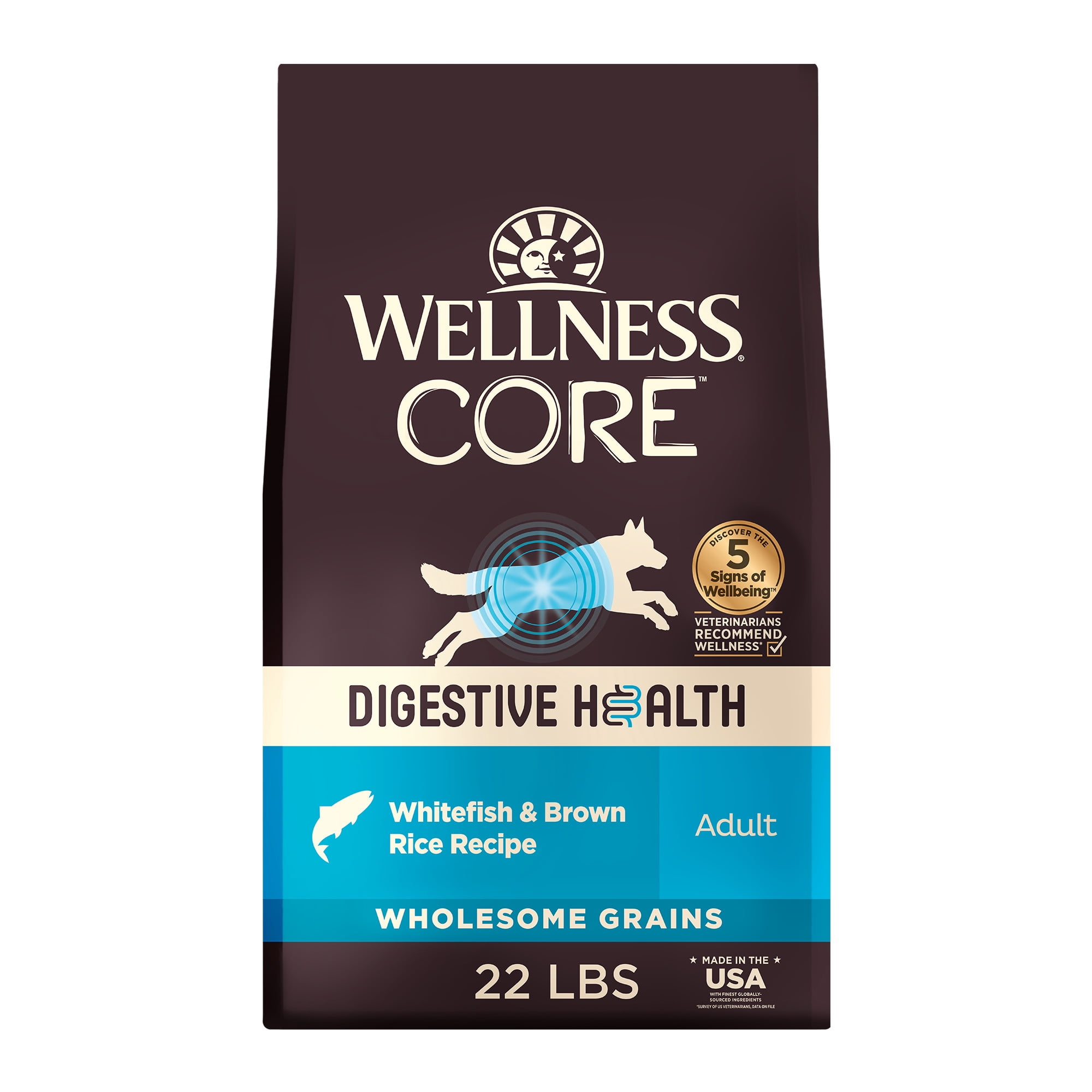 Wellness CORE Digestive Health Adult Dry Dog Food, Wholesome Grain Kibble, Sensitive Stomach, Natural, High Protein, Chicken Free, Whitefish and Brown Rice Recipe, 22 lb Bag
