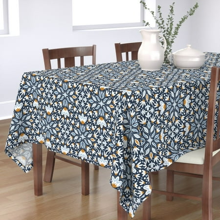 

Cotton Sateen Tablecloth 90 Square - Floral Daisy Paisley Blue White Gold Flowers Ornate Print Custom Table Linens by Spoonflower