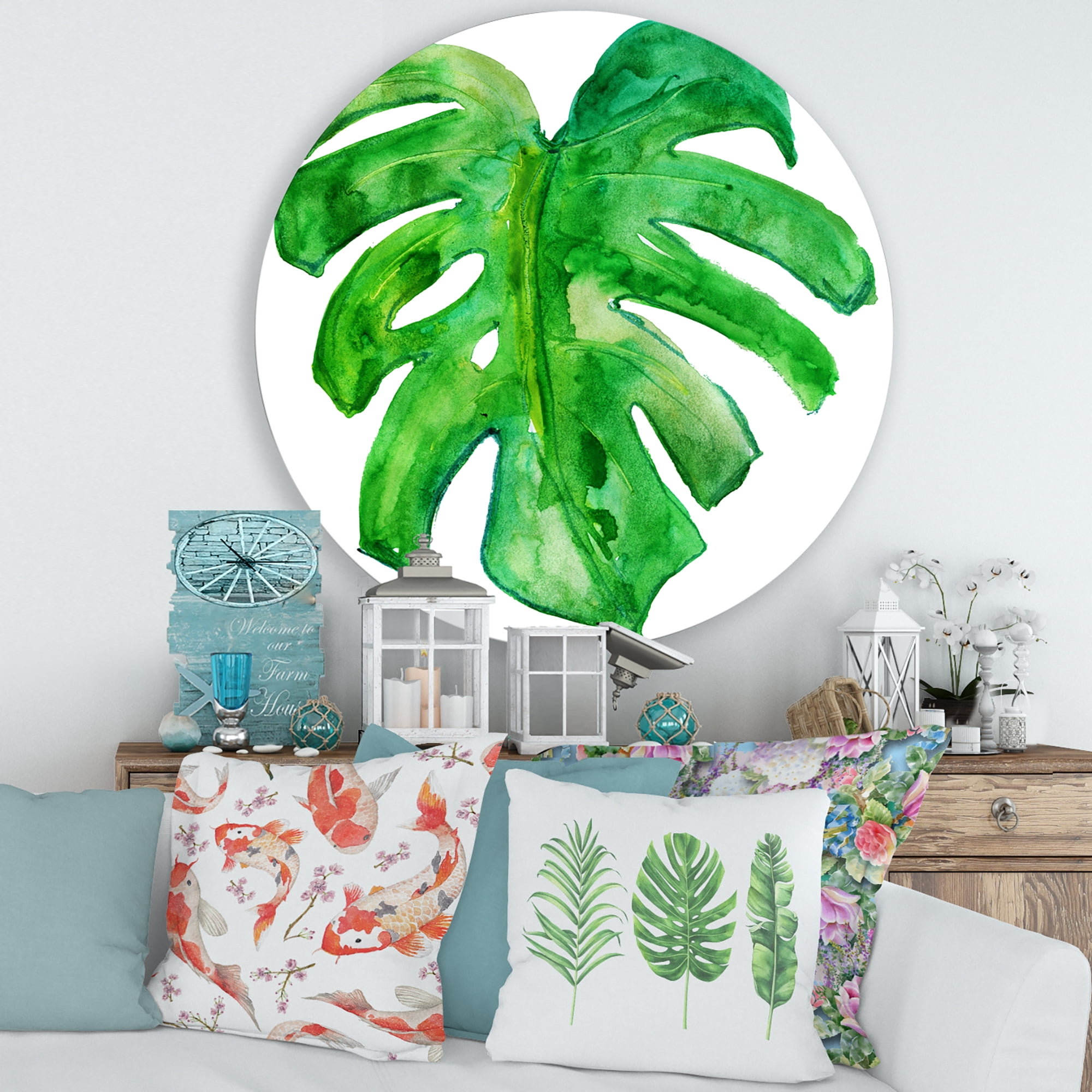 Designart 'Close Up Of Tropical Leaf Of Monstera I' Farmhouse Circle Metal Wall Art 29x29 - Disc of 29