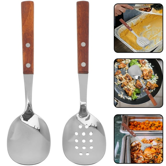 Milisten 1Set Dual Function Wood Handle Slotted Serving Spoons Stainless Steel Kitchen Tools