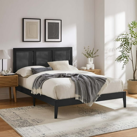 Modway Sirocco Rattan and Wood Full Platform Bed in Black