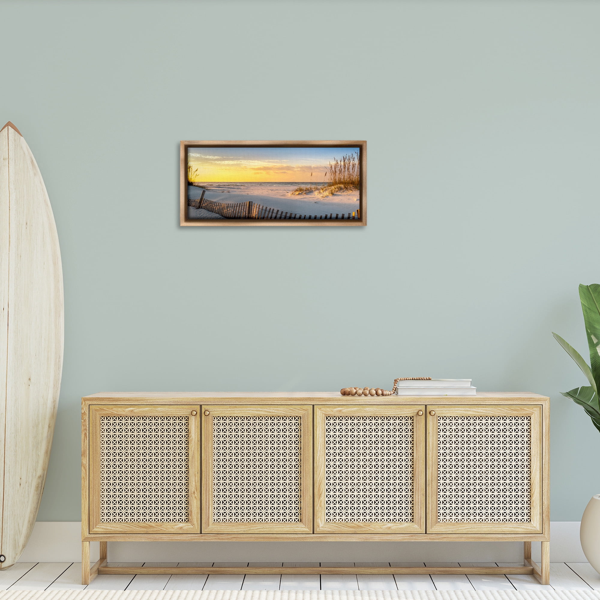 Stupell Industries Panoramic Coastal Beach Sunrise Nature Photography Brown Floater Framed Canvas Art Print Wall Art, 31 x 14