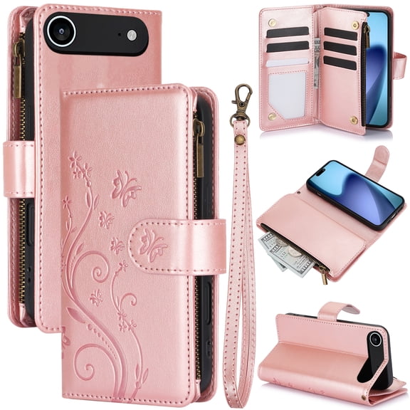 For iPhone Air Case Wallet Flip with Card Holder and Wrist Strap,Butterfly Floral Pattern Cover Case, Durable Leather Kickstand Magnetic Clasp Shockproof Phone Case for Women,Pink