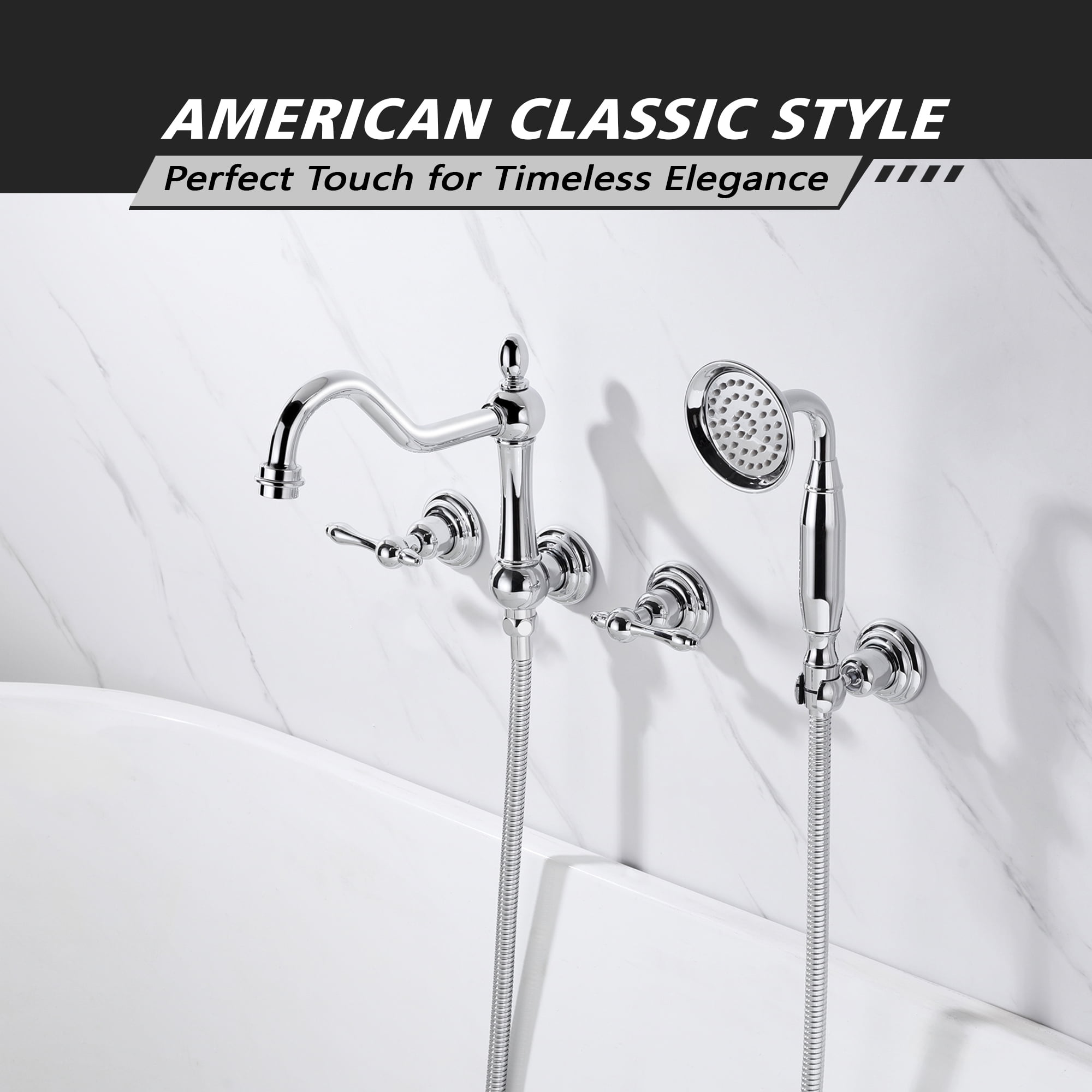 SUMERAIN Vintage Wall Mounted Bathtub Faucet with Hand Shower, High Flow Tub Filler with Rough-in Valve, Chrome