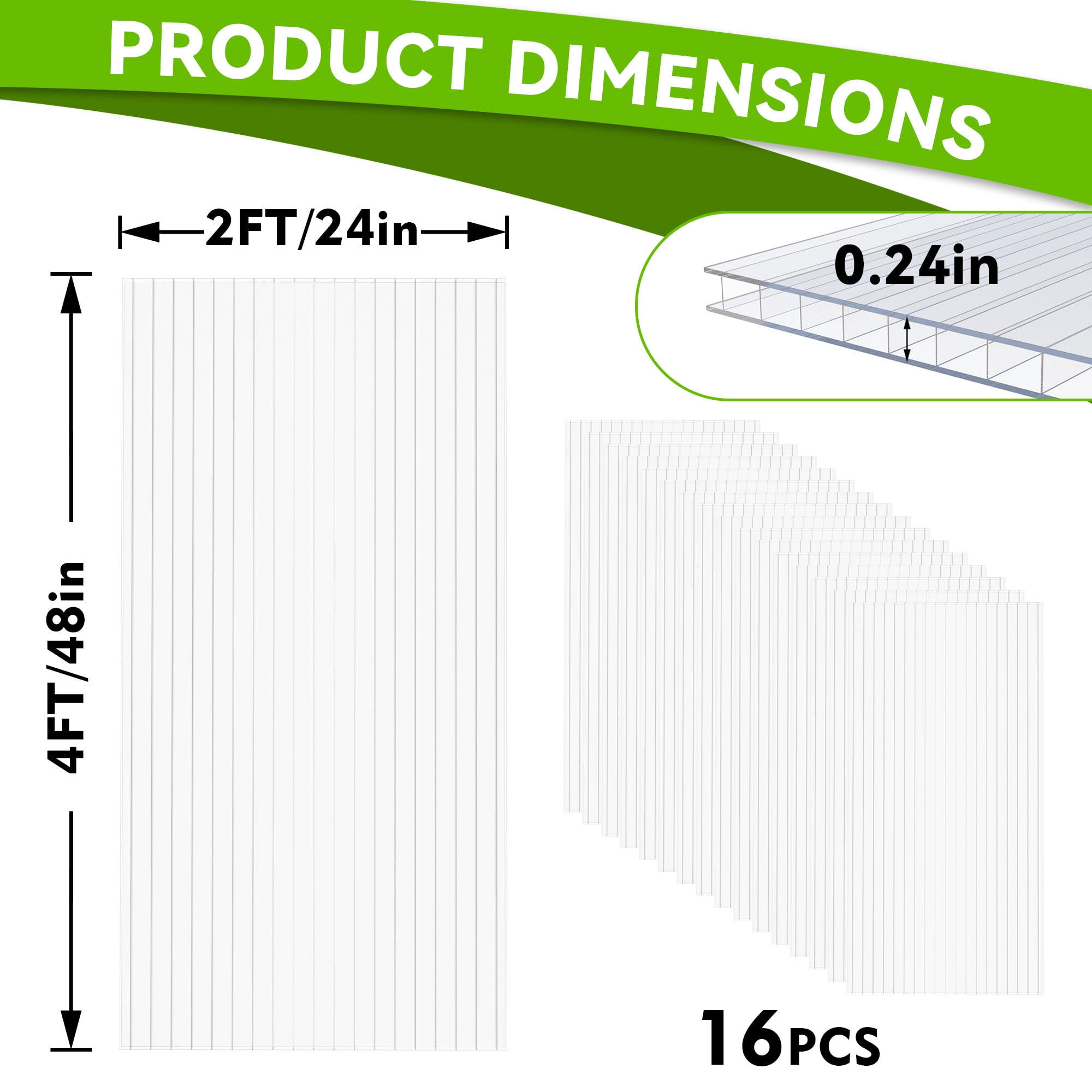 16 Pcs Polycarbonate Greenhouse Panels, 4’ x 2’ x 0.24” Polycarbonate Sheet, Twin-Wall Plastic Panels for DIY Cold Frame & Pergola Roof, Window, Wall