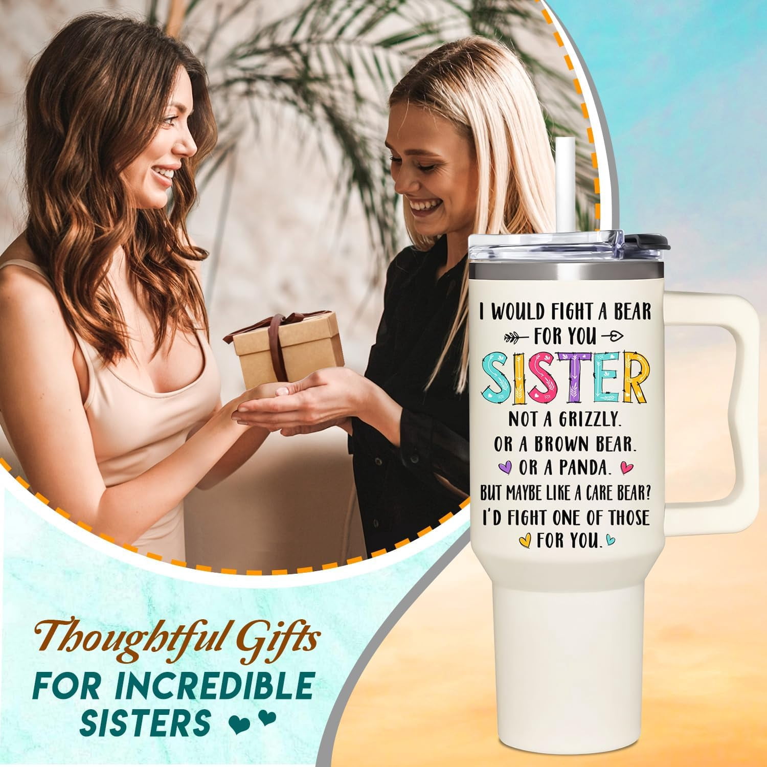 Sisters Gifts From Sister - Birthday Gifts From Sister, Best Friends, Bestie - Christmas, Mothers Day Gift For Women - Gift For Sisters in law - Funny 40Oz Tumbler With Handle & Straw
