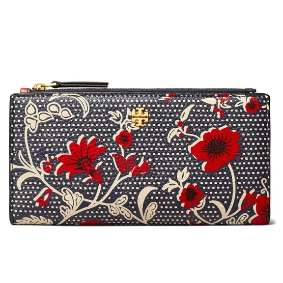 Tory Burch Women's Blake Slim Printed Pebbled Leather Envelope Wallet (Navy / Red)