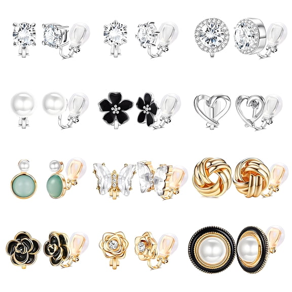 DESIGNICE 12 Pairs Clip on Earrings Set,Butterfly Flower Pearl Rhinestone Clip Earrings for Women,Charming Fashion Dainty Earrings,Non-Pierced Earrings for Sensitive Ears Women