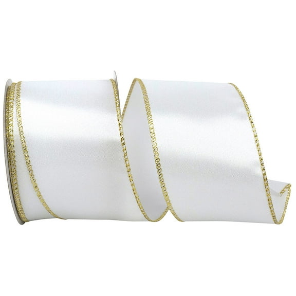 Reliant Ribbon - 92971W-980-40F, Satin Value Metallic Wired Edge Ribbon, White/gold, 2-1/2 Inch, 10 Yards