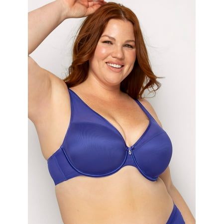 Women s Curvy Couture 1310 Sheer Mesh Plunge Push Up Underwire Bra (Cosmic Blue 34DD)