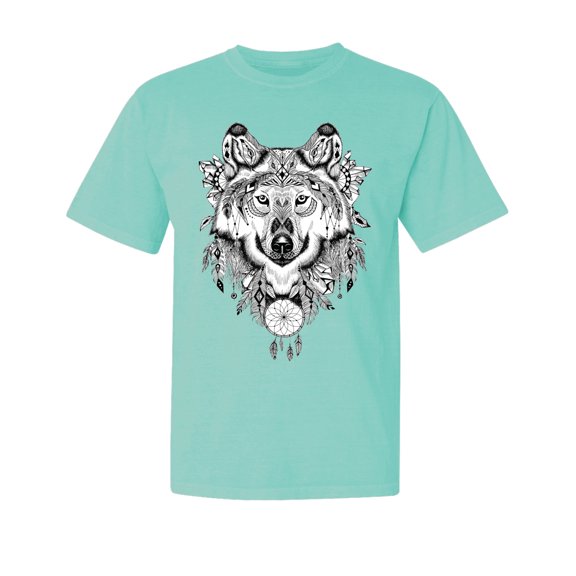Wild Bobby, Drawn Tribal Wolf, Animal Lover, Garment-Dyed Washed Look Short Sleeve T-Shirt, Mint, Medium
