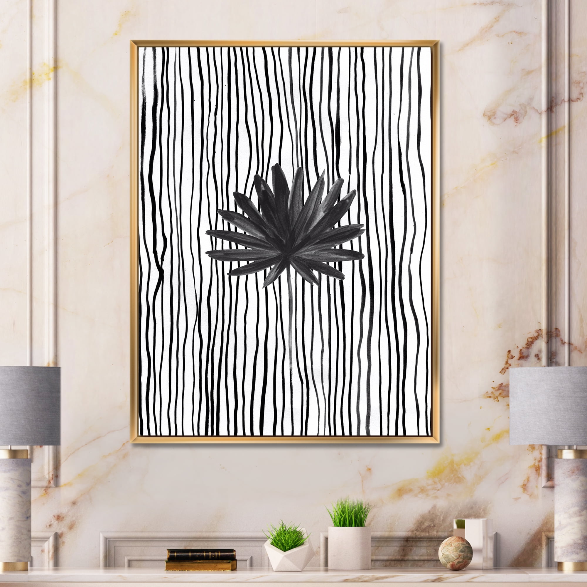 Designart 'Black and White Striped Under Tropical Leaf III' Modern Framed Canvas Wall Art Print