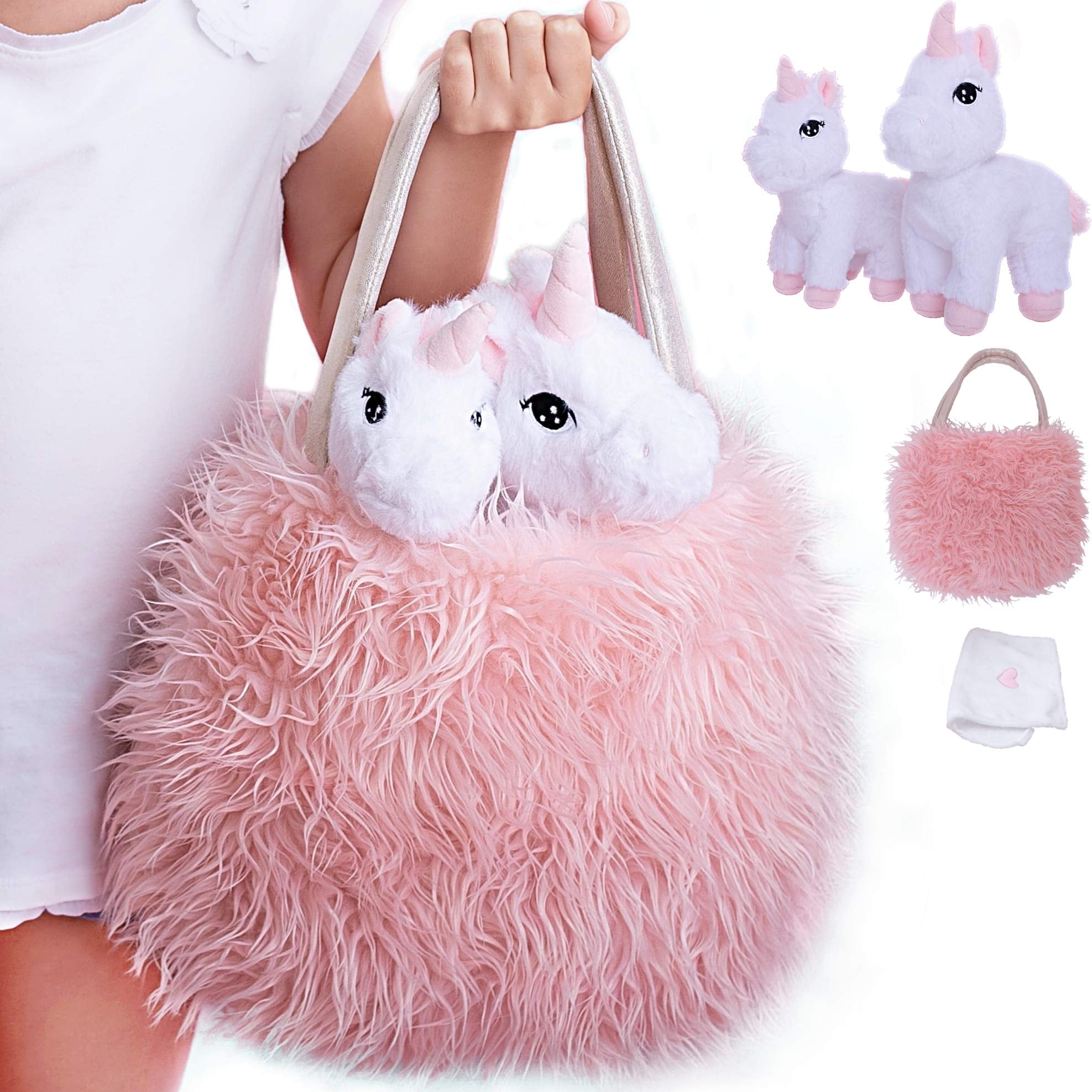 Fluffy Unicorn Soft Toy Shoulder Bag Girls Rainbow Pink & Sparkly  Gift