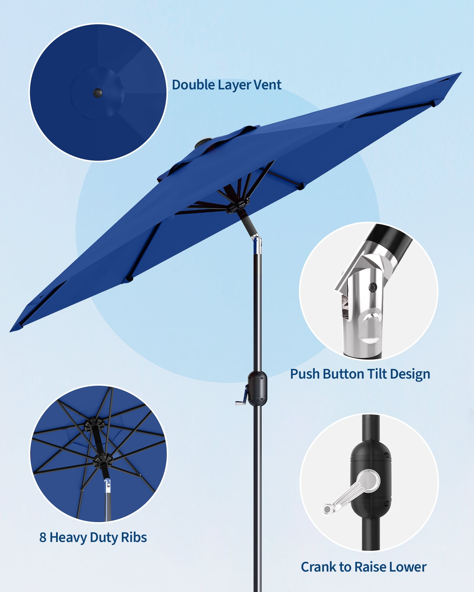 9FT Outdoor Patio Umbrella with Double-Layer Vented Canopy, UPF 50+ UV Protection, 8-Rib Steel Frame, Crank & Tilt Mechanism, Detachable Pole, Backyard, Deck, or Poolside