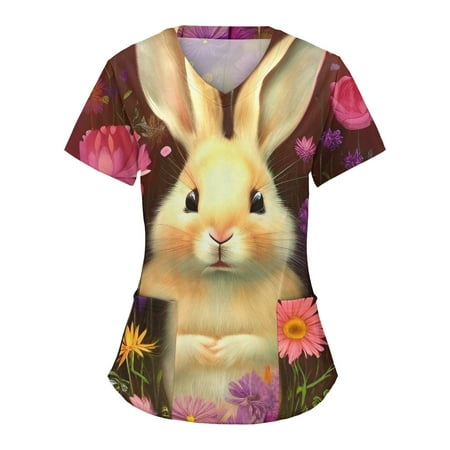 

TAIAOJING Women Scrubs Top Comfotable Easter Day Printing Short Sleeve V Neck Cartoon Working Tshirts Blouse Tops With Pockets