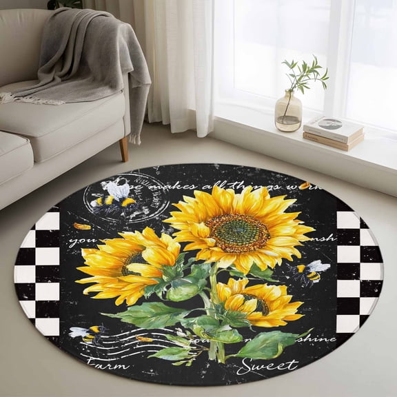 Sunflower Black Round Area Rug 4 FT, Non Slip Indoor Outdoor Rug, Vintage Farm Bee Black White Plaid Washable Soft Circular Carpet Non-Shedding Floor Mat for Coffee Table Nursery Foyer Balcony