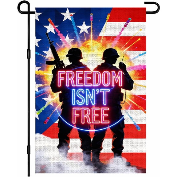 Patriotic Garden Flag 12x18 Inch Burlap Double Sided American Flag Fireworks Military Silhouette Outdoor Yard House Flag for Porch Lawn Patio Veterans Day Decor