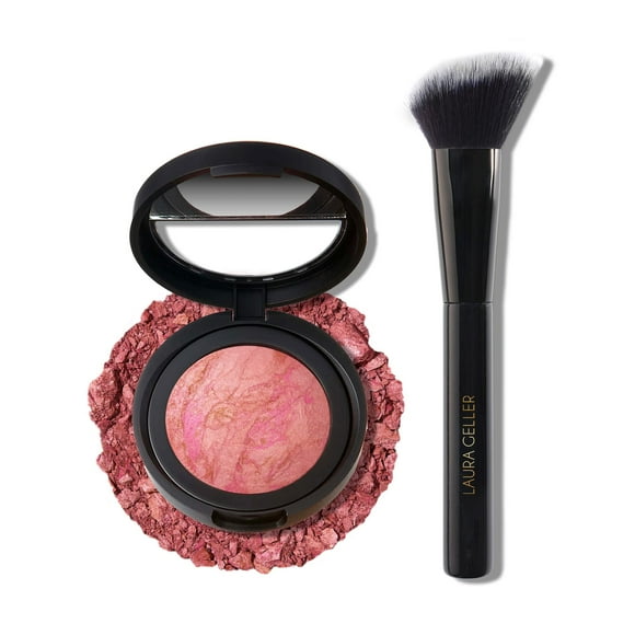 LAURA GELLER NEW YORK Baked Blush-n-Brighten Marbleized Blush + Angled Blush Brush (02 Pink Buttercream, 47mm)