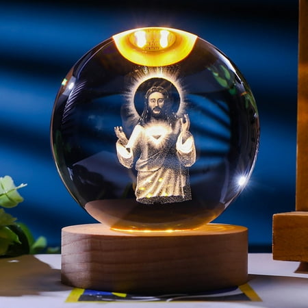 

Fasiaou Crystal Ball Night Light Engraved Holy Family Figurine Statue With Wooden Stand Color Changing Light Glass Religious Collection Catholic Church/house/A Gift