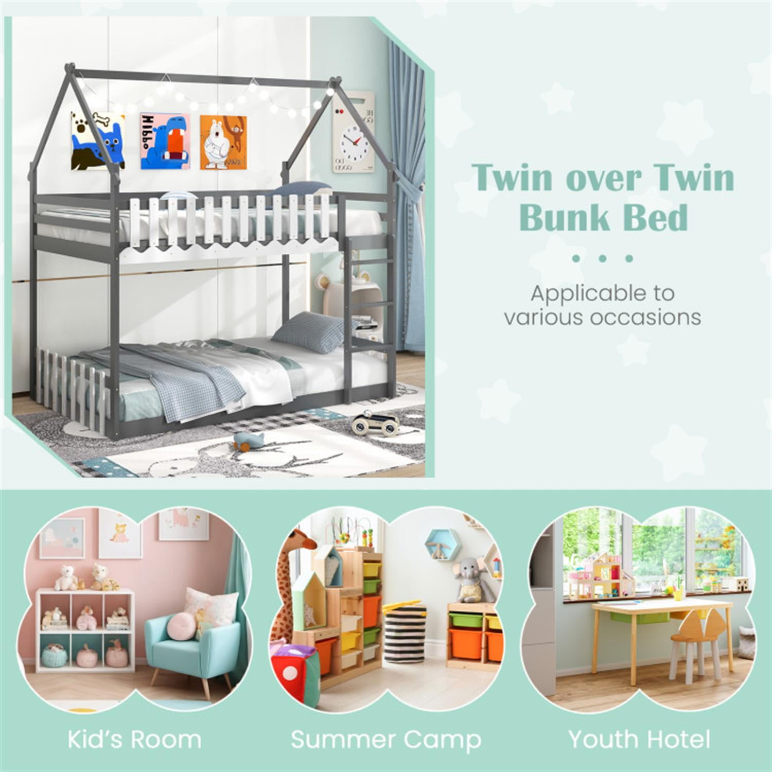 Demi Bonn Twin Over Twin Bunk Bed with Fence and Ladder, Twin Bunk Solid Wood Low Beds, Bed Frame, Gray