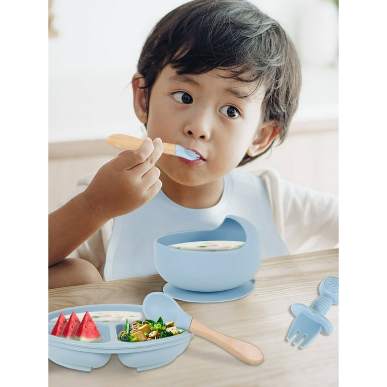 Retrok 8pcs Silicone Baby Feeding Set Soft Baby Weaning Supplies Cute Self  Feeding Eating Utensils Set with Divided Suction Plate Bib Bowl Fork Spoon
