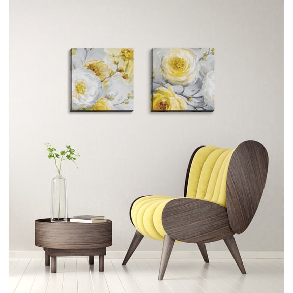 Gango Home Decor Poppy Flower and Bud Floral Wall Art ; Two Yellow 16x16in Hand-Stretched Canvases
