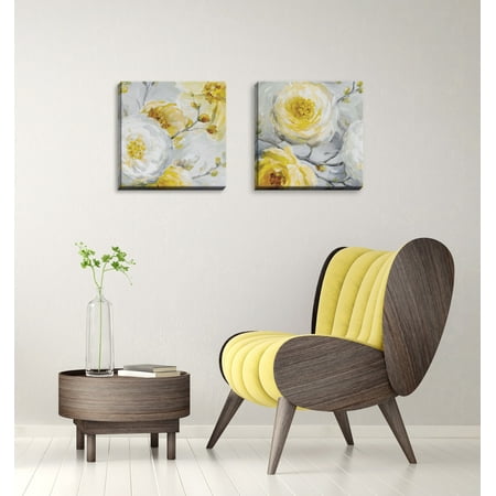Floral Wall Gango Home Decor Poppy Flower and Bud Floral Wall Art ; Two Yellow 16x16in Hand-Stretched Canvases ()