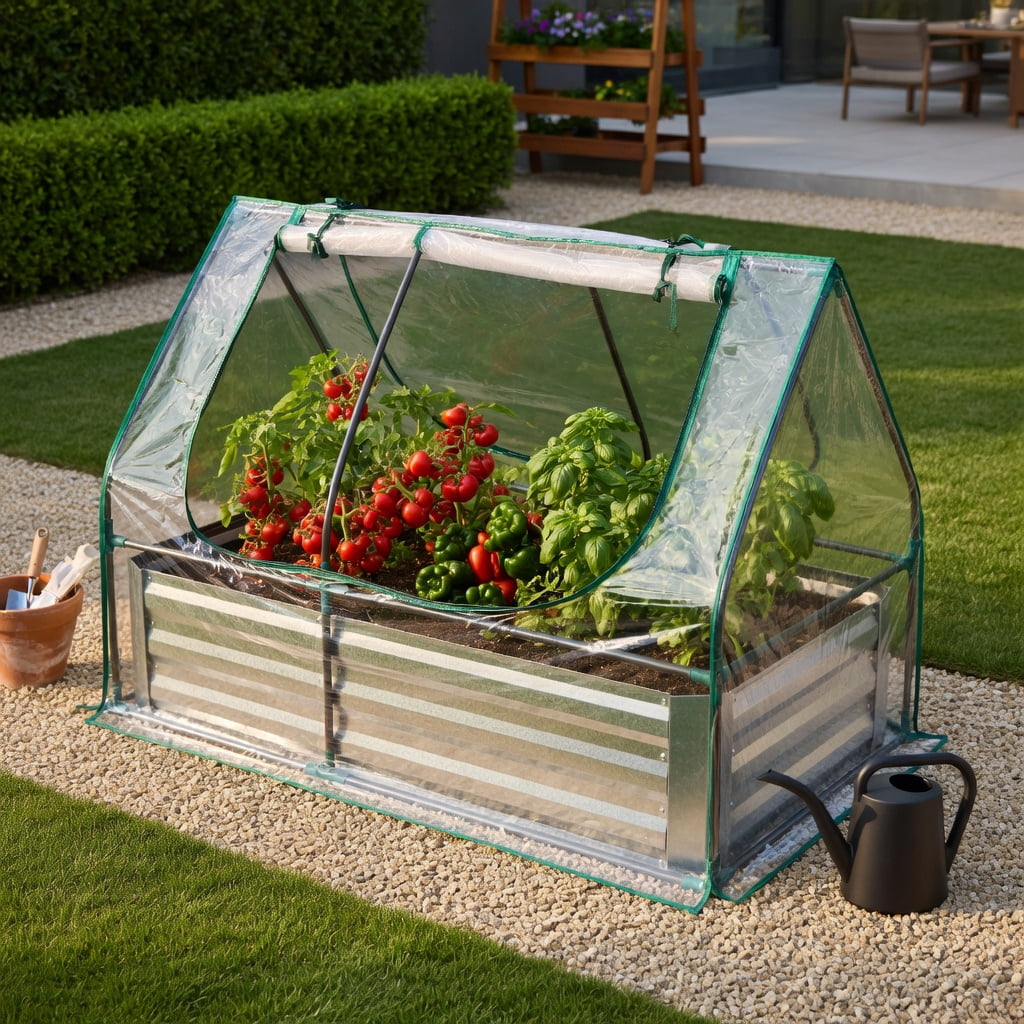 Demifill 6 x 3 x 3 Feet Galvanized Raised Garden Bed with Greenhouse, Greenhouse with PVC Cover and 2-Tier Windows, Clear