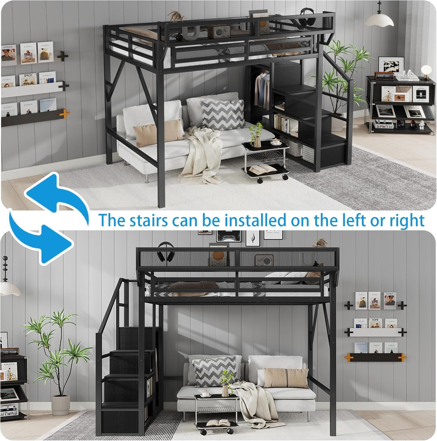 Mirightone Full Size Loft Bed with Stairs, Metal Loft Beds Full with Storage Shelves, Adults Loft Bed with Wardrobe, Heavy Duty High Lofted Bed,Convertible Staircase, All black