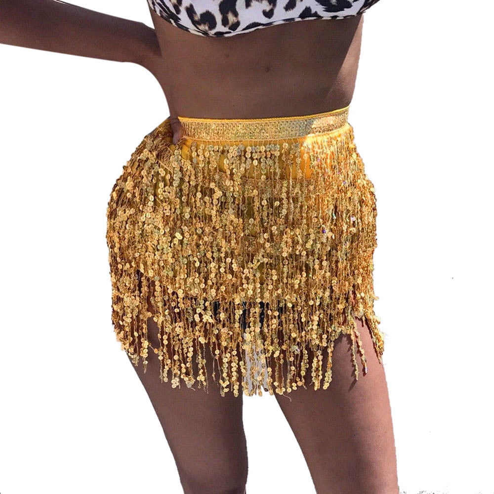 UK Women's Sequins Belly Dance Mini Dress Dancer Tassel Fringe Skirt Club Wear