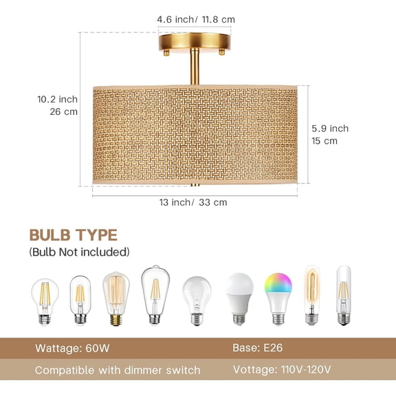 13" Woven Rattan Boho Ceiling Light Fixture, 3-Light Modern Semi Flush Mount Lamp with Drum Fabric Shade, Rustic Brown Lighting for Bedroom, Dining Room, Living Room, Hallway, Entryway