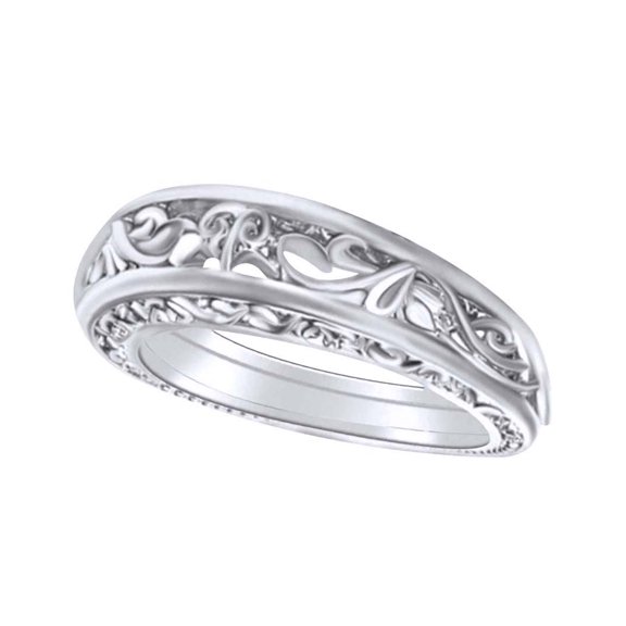 AFFY 14K Solid White Gold Vintage Style Wedding Band Ring Jewelry Gift For Women Ring Size- 5