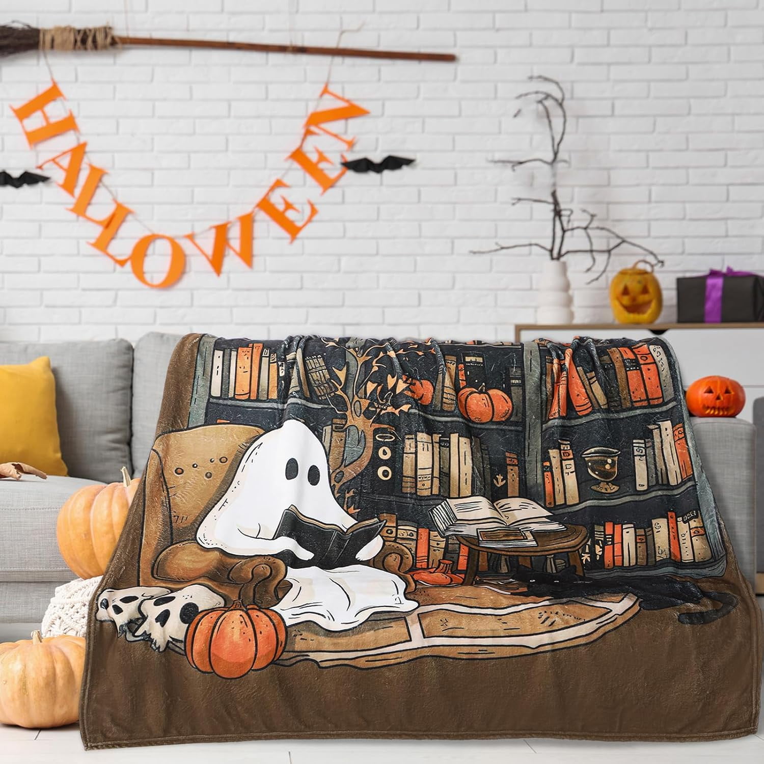 Book Lovers Gifts Throw Blanket 60 x 50 Inch Reader Blankets Christmas Book Club Horror Gifts Basket Stuffers for Women Xmas Bookworm Bookish Librarian Reading Basket(Ghost)