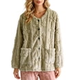 thumbnail image 4 of Women's Fuzzy Pajamas Tops Flower Jacquard Warm Long Sleeve Bed Jackets Button Down Sleepwear Winter Coats with Pockets, 4 of 9