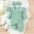 thumbnail image 2 of Ruyang Baby Girls Cute Ruffle Jumpsuit Plain Cotton Bodysuit Bowknot Headband Zipper Long Sleeve Fall Winter Outfit, 2 of 9