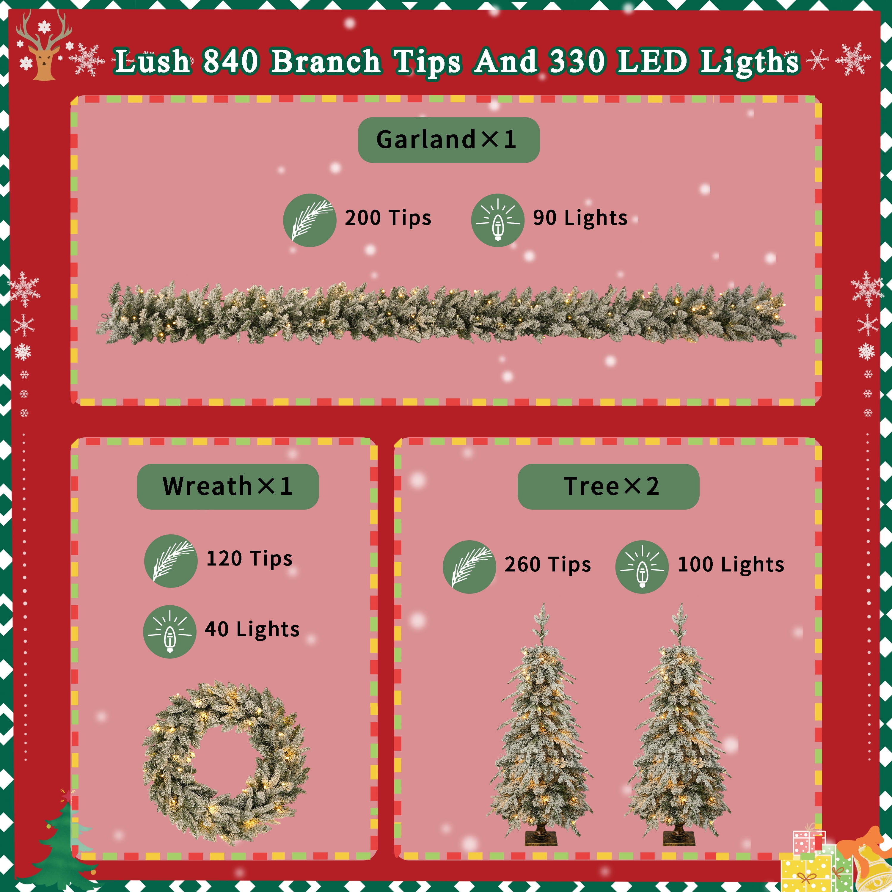 4-Piece Prelit Christmas Tree Set 330 Warm White LED Lights 840 Tips Entrance Tree Garland Wreath Indoor Decor