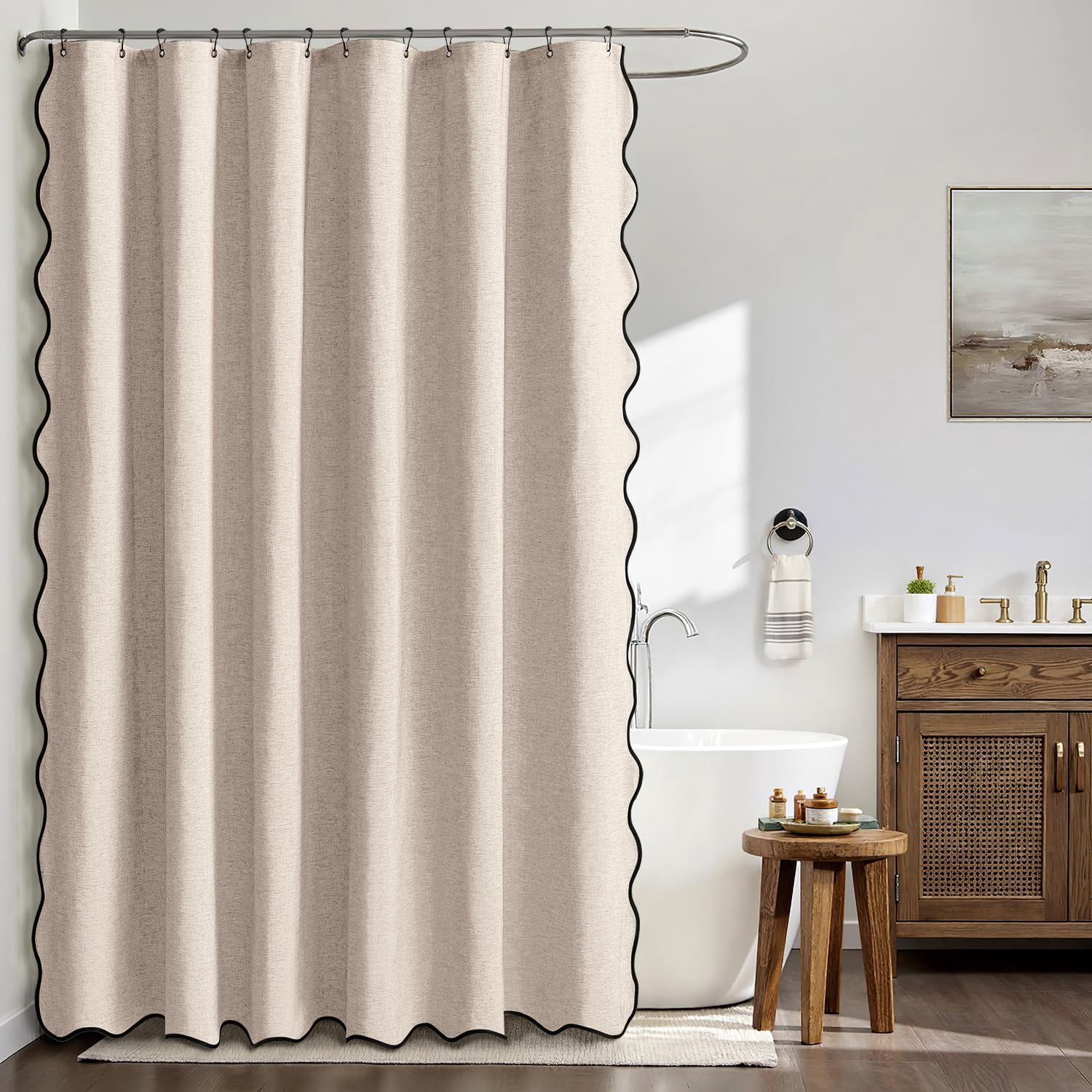 Scalloped Shower Curtain Linen Textured with 12 Metal Hooks Cute Heavy Duty Washable Waterproof Thick Cloth Shower Curtains with Black Border for Bathroom Hotel Bathtub,W72*L72 Beige