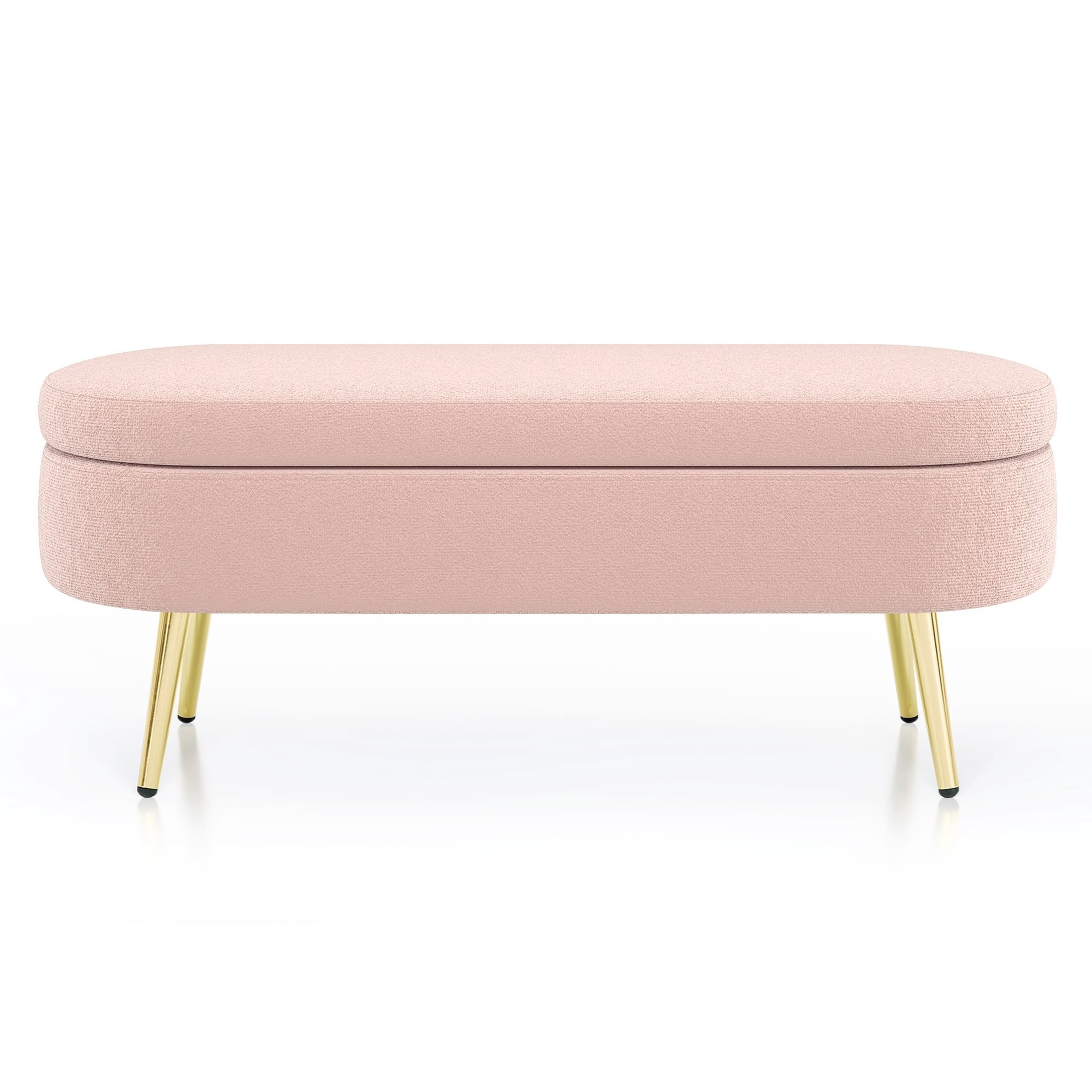 Noble House Dyani 43" Oval Flannel Storage Ottoman Bench, Upholstered Footrest with Metal Legs, Pink