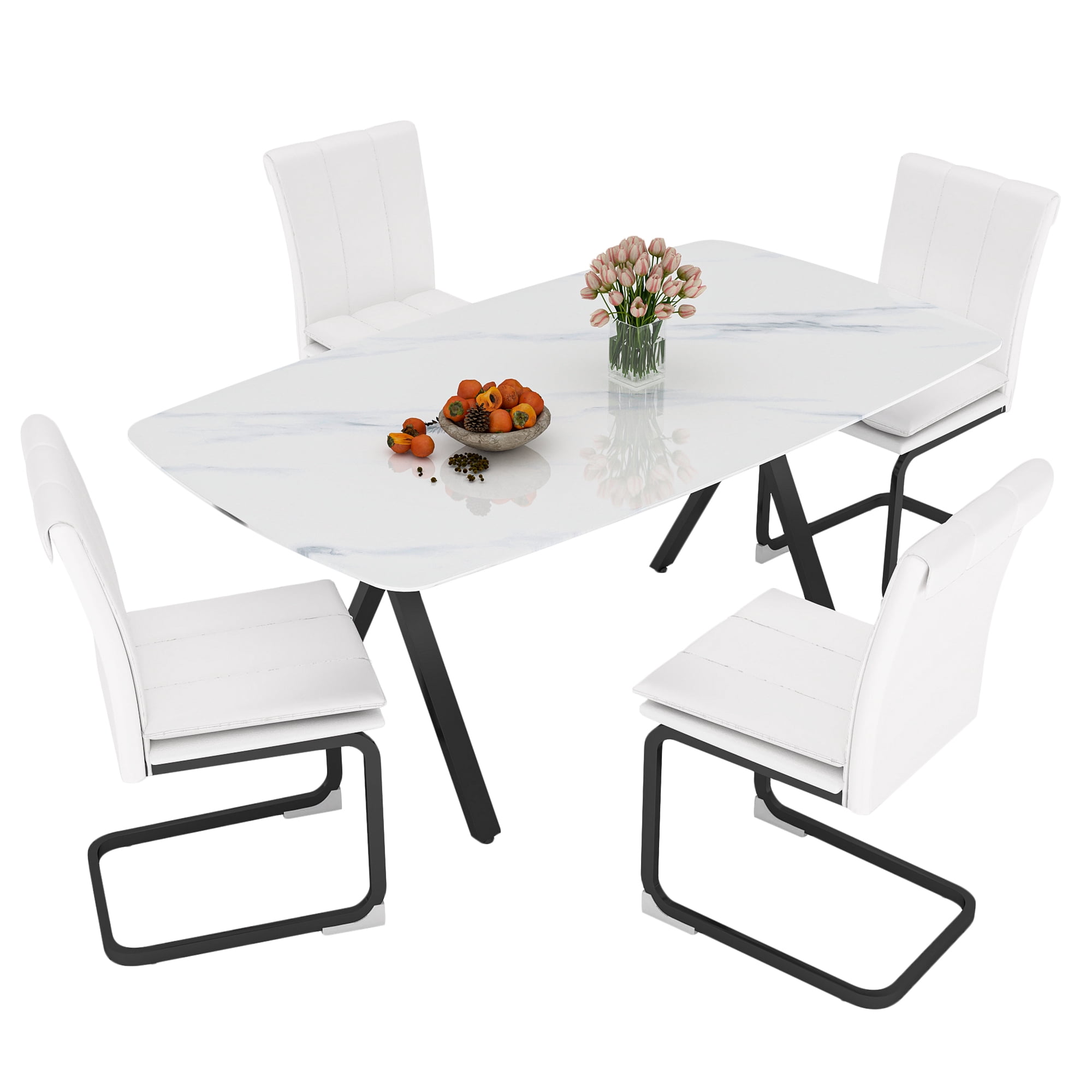 Mintazer 51" Modern Rectangular Dining Table with Marble Tempered Glass Top & Black Metal Legs, Kitchen Table for 4-6 People, Black & White