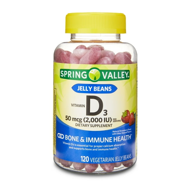 Spring Valley Vitamin D3, 50 Mcg (2,000 IU) Vegetarian Jelly Beans Supplement, 60 Count