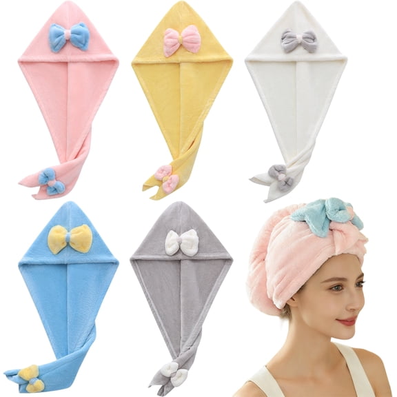 5Pcs Hair Wrap Towels with Cute Bowtie for Women, Shower Microfiber Quick Dry Hair Drying Towels Hair Turban for Drying Curly, Long ,Thick Hair