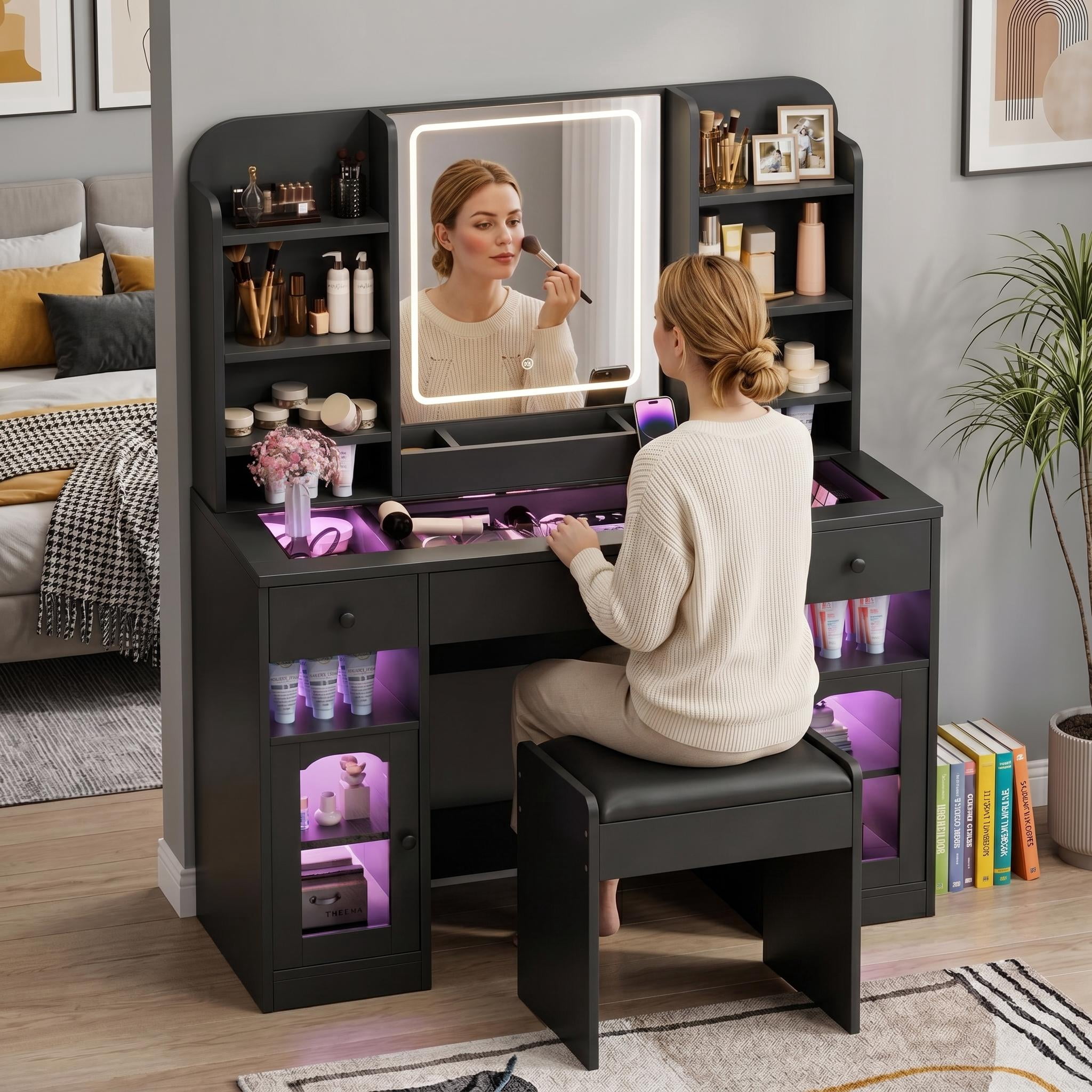 Homy Casa Vanity Table & Bench Set with Lighted Mirror, RGB Lights & Charging, Black