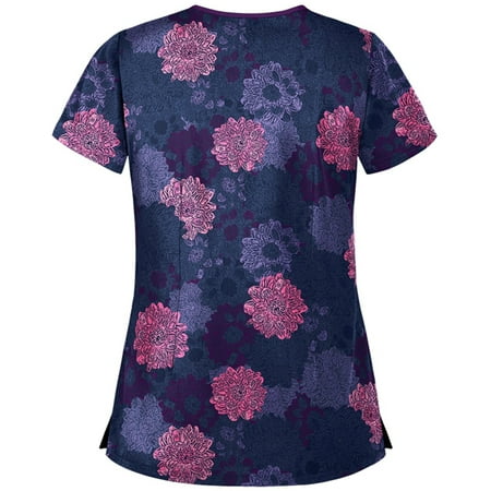 

QAZXD Scrubs Tops for Womens Print Short Sleeve Workwear Tops with Pockets Breathable V Neck Nursing
