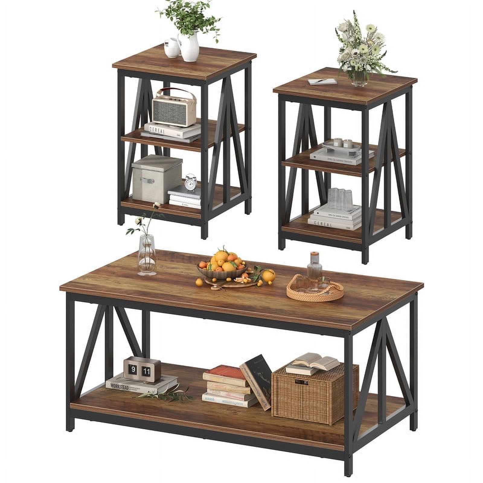 Winkalon 3-Piece Coffee Table Set with Coffee Table and 2 End Tables,Modern Living Room Table Set with Metal Frame for Apartment Home Office,Brown