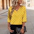 thumbnail image 3 of JoveMarine Women's V-Neck 3/4 Sleeve Satin Blouse with Polka Dot Print Loose Fit Lightweight Top for Spring/Summer Daily Wear Yellow XL, 3 of 6